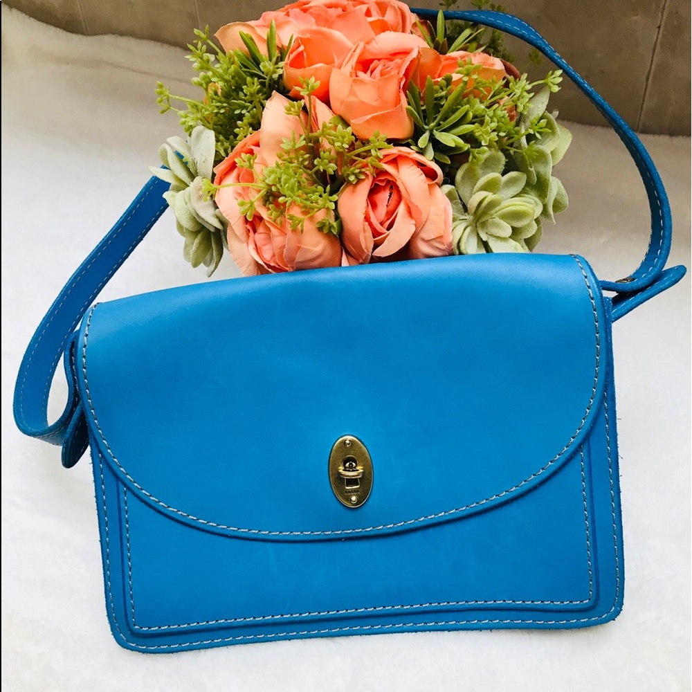 Fossil Blue Cowhide Leather Top Flap Handbag - Picture 1 of 8